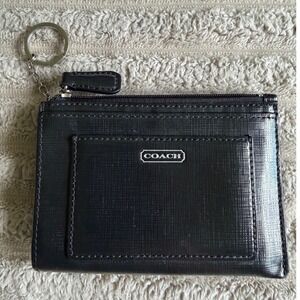 Coach Black Crossgrain Leather Mini Skinny ID Case Key Ring Wallet